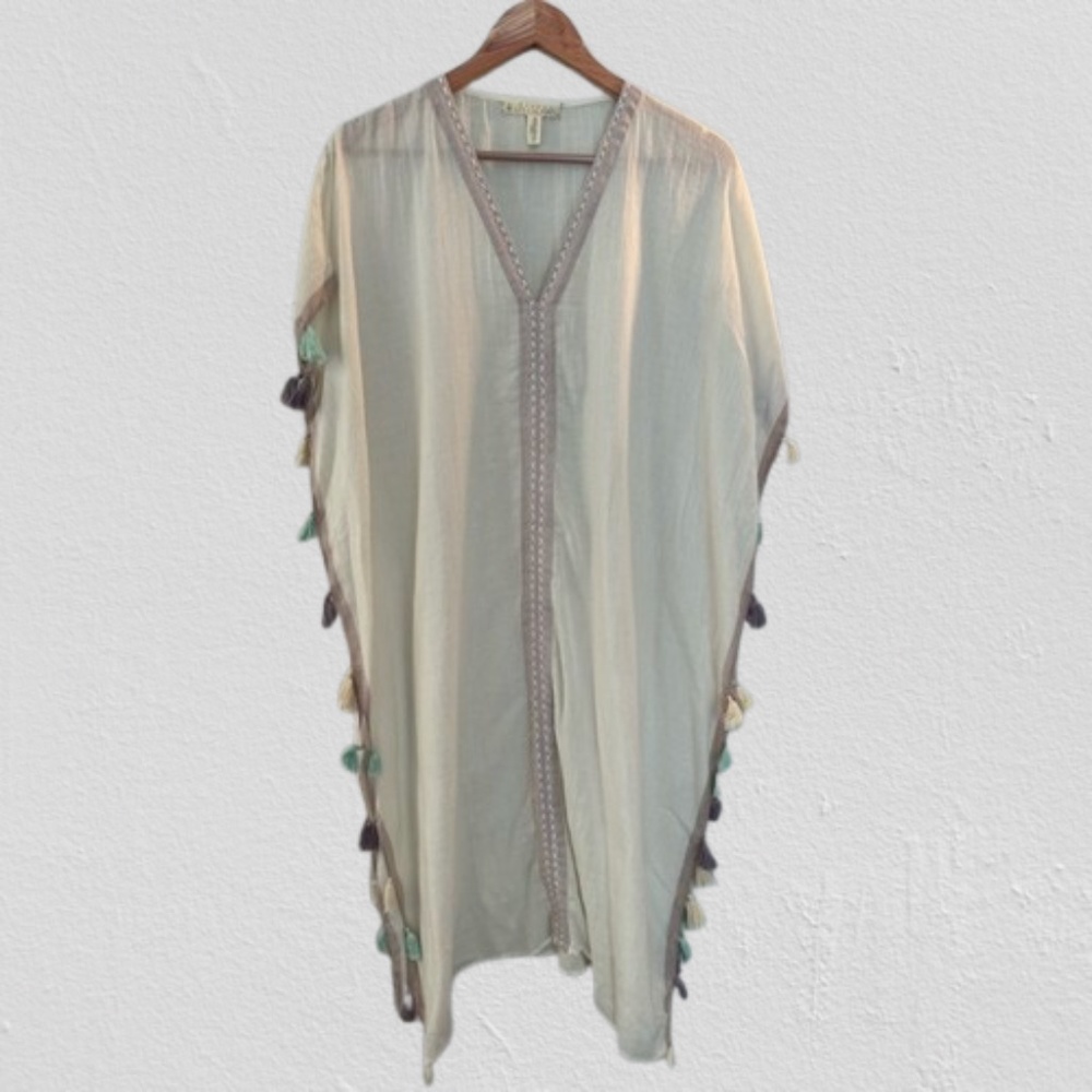 QUAGGA Green Label Oversized Poncho Sleeveless Swim Coverup One Size Pom Poms